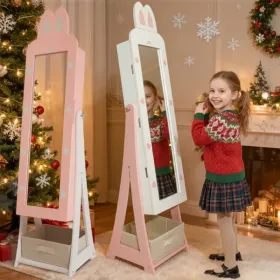 Pink Rabbit-themed MDF Cabinet With Spray Paint Finish, 1 Door And 1 Drawer, Children's Jewelry And Mirror Cabinet