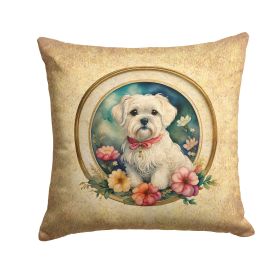 Maltese and Flowers Throw Pillow Machine Washable, Indoor Outdoor Decorative Pillow for Couch, Bed or Patio, 14Hx14W