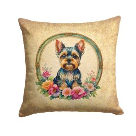 Yorkshire Terrier and Flowers Throw Pillow Machine Washable, Indoor Outdoor Decorative Pillow for Couch, Bed or Patio, 14Hx14W