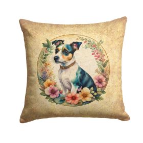 Jack Russell Terrier and Flowers Throw Pillow Machine Washable, Indoor Outdoor Decorative Pillow for Couch, Bed or Patio, 14Hx14W