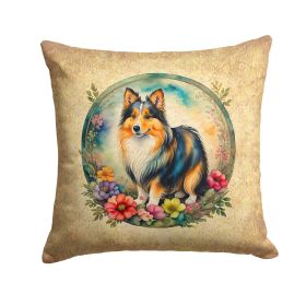 Sheltie and Flowers Throw Pillow Machine Washable, Indoor Outdoor Decorative Pillow for Couch, Bed or Patio, 14Hx14W