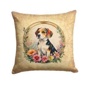 Beagle and Flowers Throw Pillow Machine Washable, Indoor Outdoor Decorative Pillow for Couch, Bed or Patio, 14Hx14W