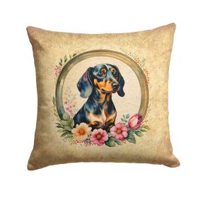 Dachshund and Flowers Throw Pillow Machine Washable, Indoor Outdoor Decorative Pillow for Couch, Bed or Patio, 14Hx14W