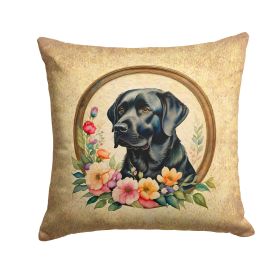 Black Labrador Retriever and Flowers Throw Pillow Machine Washable, Indoor Outdoor Decorative Pillow for Couch, Bed or Patio, 14Hx14W