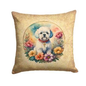 Bichon Frise and Flowers Throw Pillow Machine Washable, Indoor Outdoor Decorative Pillow for Couch, Bed or Patio, 14Hx14W