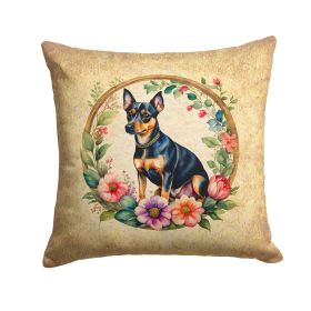 Miniature Pinscher and Flowers Throw Pillow Machine Washable, Indoor Outdoor Decorative Pillow for Couch, Bed or Patio, 14Hx14W