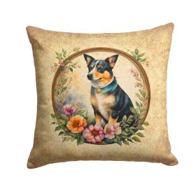 Lancashire Heeler and Flowers Throw Pillow Machine Washable, Indoor Outdoor Decorative Pillow for Couch, Bed or Patio, 14Hx14W