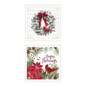Trendy Decor 4U 2- Piece Vignette Cardinal Wreath White Framed Wall Art for Living Room, Bedroom Wall Art Print for Home Decor by Linda Spivey