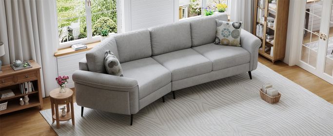 111" Upholstered 3-seater Sofa Curved Sofa Couch with Two Printed Pillows for Living Room, Gray