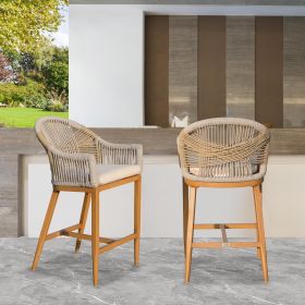 Bar Stools Set of 2 with Arm and Backrest, Outdoor Counter Height Bar Chairs with Cushion
