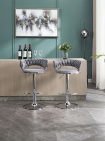 Set of 2 Bar Stools,with Chrome Footrest and Base Swivel Height Adjustable Mechanical Lifting Velvet + Chrome Leg Simple Bar Stool-GREY