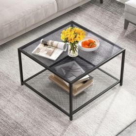 1PC Modern 2-Tier Square Glass Gray Coffee Table with Mesh Shelf Sturdy Living Room Tables