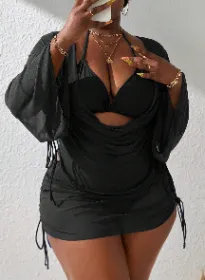 Women's Plus Size Sexy 4 Piece Swimsuits Halter Bikini Sets With Drawstring Long Sleeve Cover Up Bathing