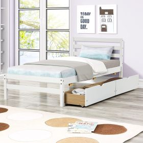 Betterhood Twin Platform Bed Frame with 2 Storage Drawers;  Wood Twin Bed Frames for Kids Toddler Girls Boys;  10 Slats Support;  No Box Spring N (Color: White)